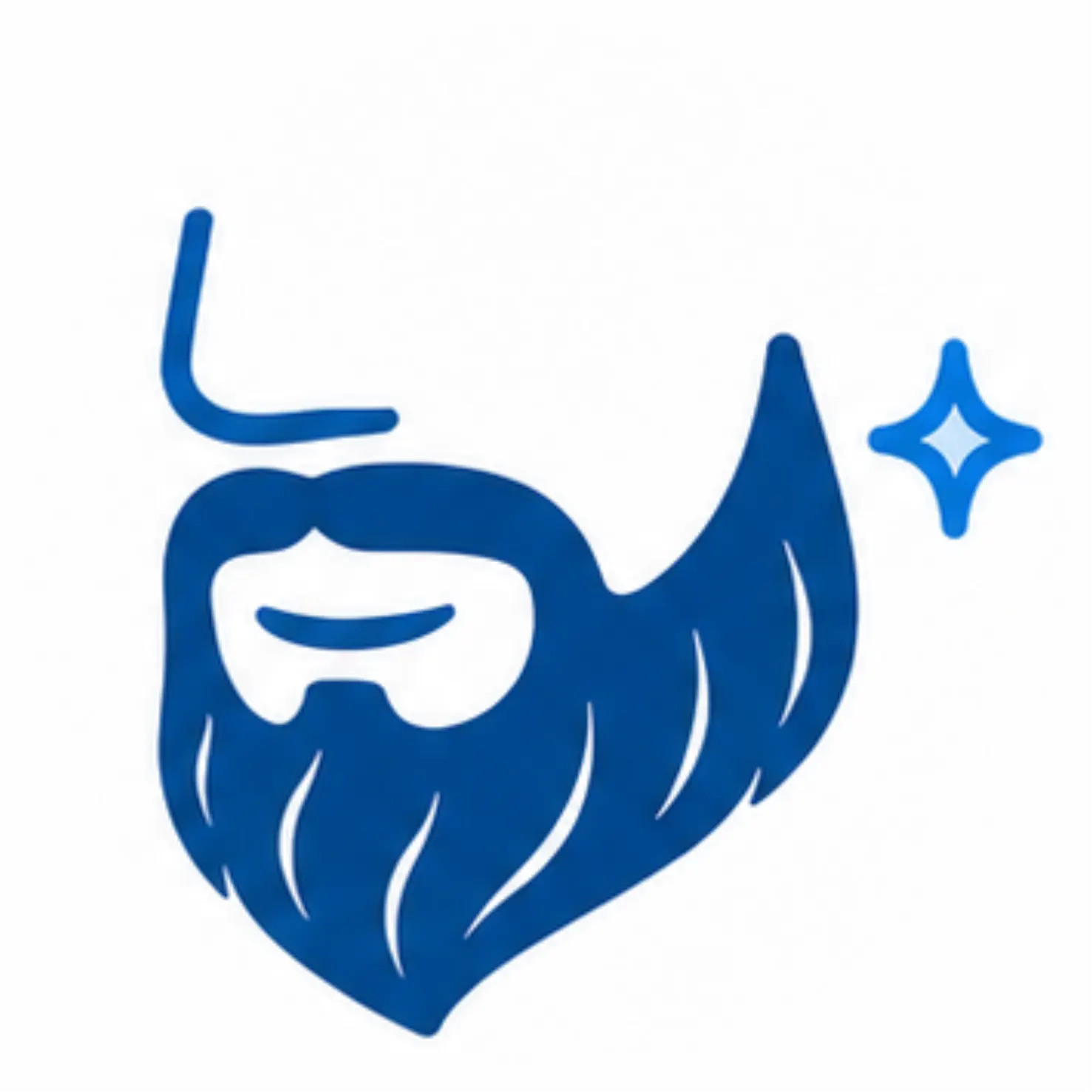 Ícono azul de barba y bigote bien perfilados con destello. Simboliza la hidratación, crecimiento y cuidado de la barba con aceites naturales de Amanitas.pe.
