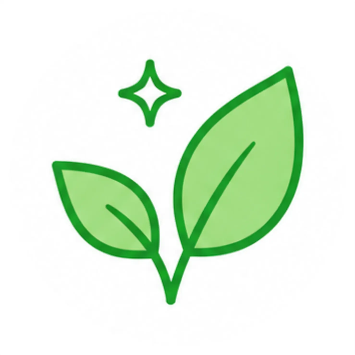 Ícono verde de hojas con un destello brillante. Representa el cuidado natural, protección botánica y pureza orgánica de Amanitas.pe.