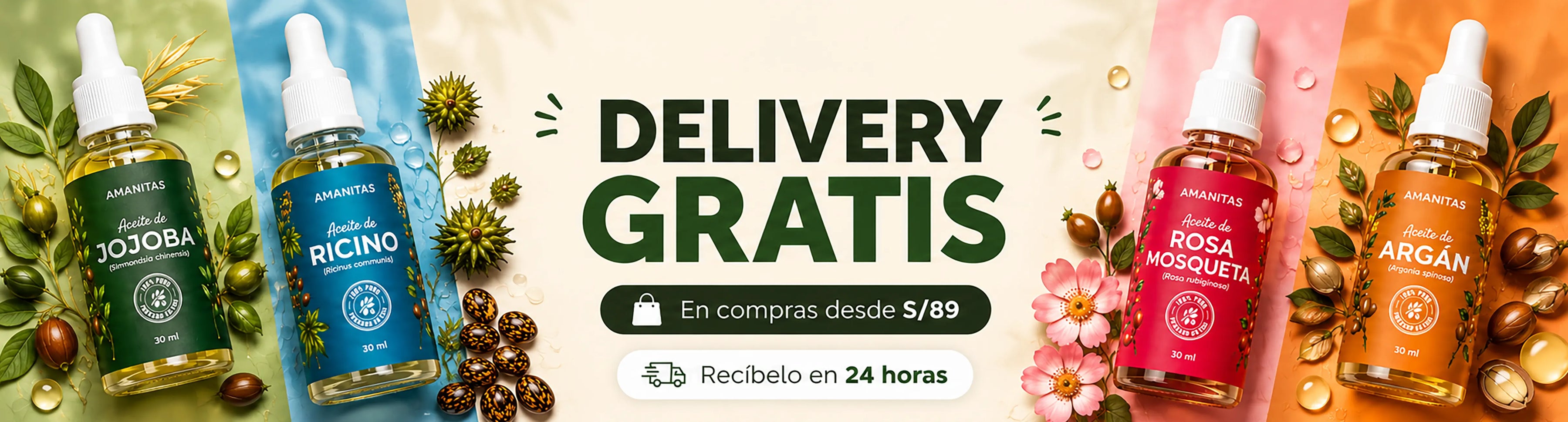 Banner promocional de aceites corporales Amanitas informando delivery gratis por compras a partir de S/89 y entregas rápidas en 24 horas para todo el Perú.