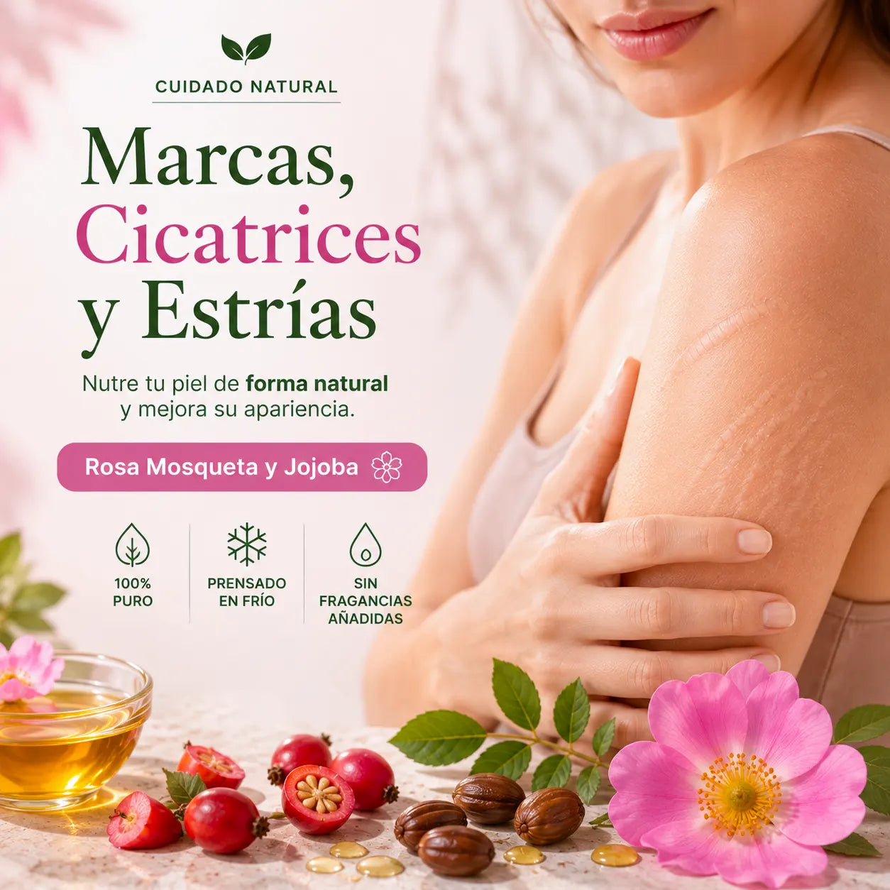 Banner de Amanitas "Marcas, Cicatrices y Estrías" mostrando mujer cuidando su piel con aceites puros de Rosa Mosqueta y Jojoba.