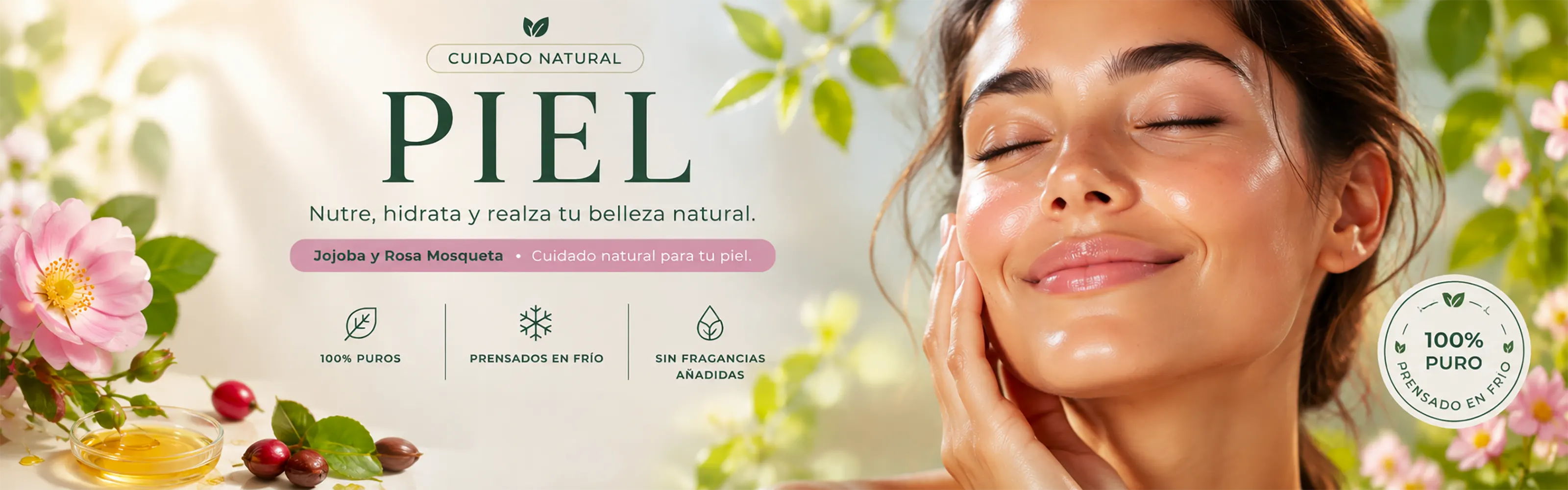 Banner de Amanitas "Cuidado Natural Piel" con mujer mostrando piel hidratada y aceites de Jojoba y Rosa Mosqueta prensados en frío.