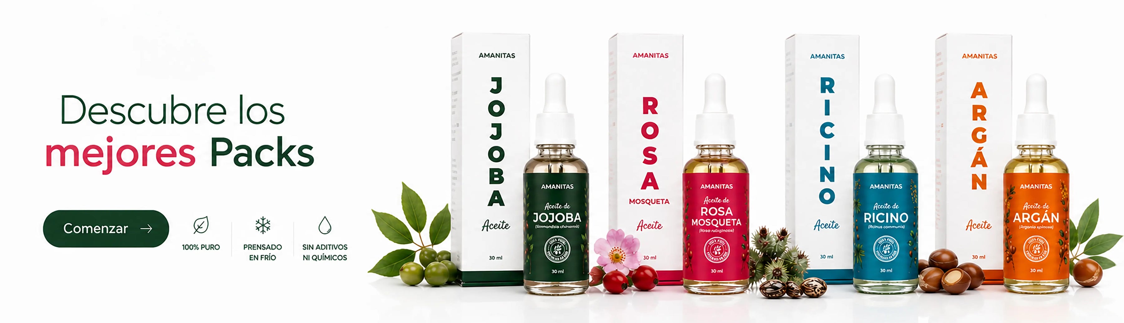 Banner promocional de Amanitas que invita a descubrir sus mejores packs de aceites naturales 100% puros, prensados en frío y sin aditivos: Jojoba, Rosa Mosqueta, Ricino y Argán.