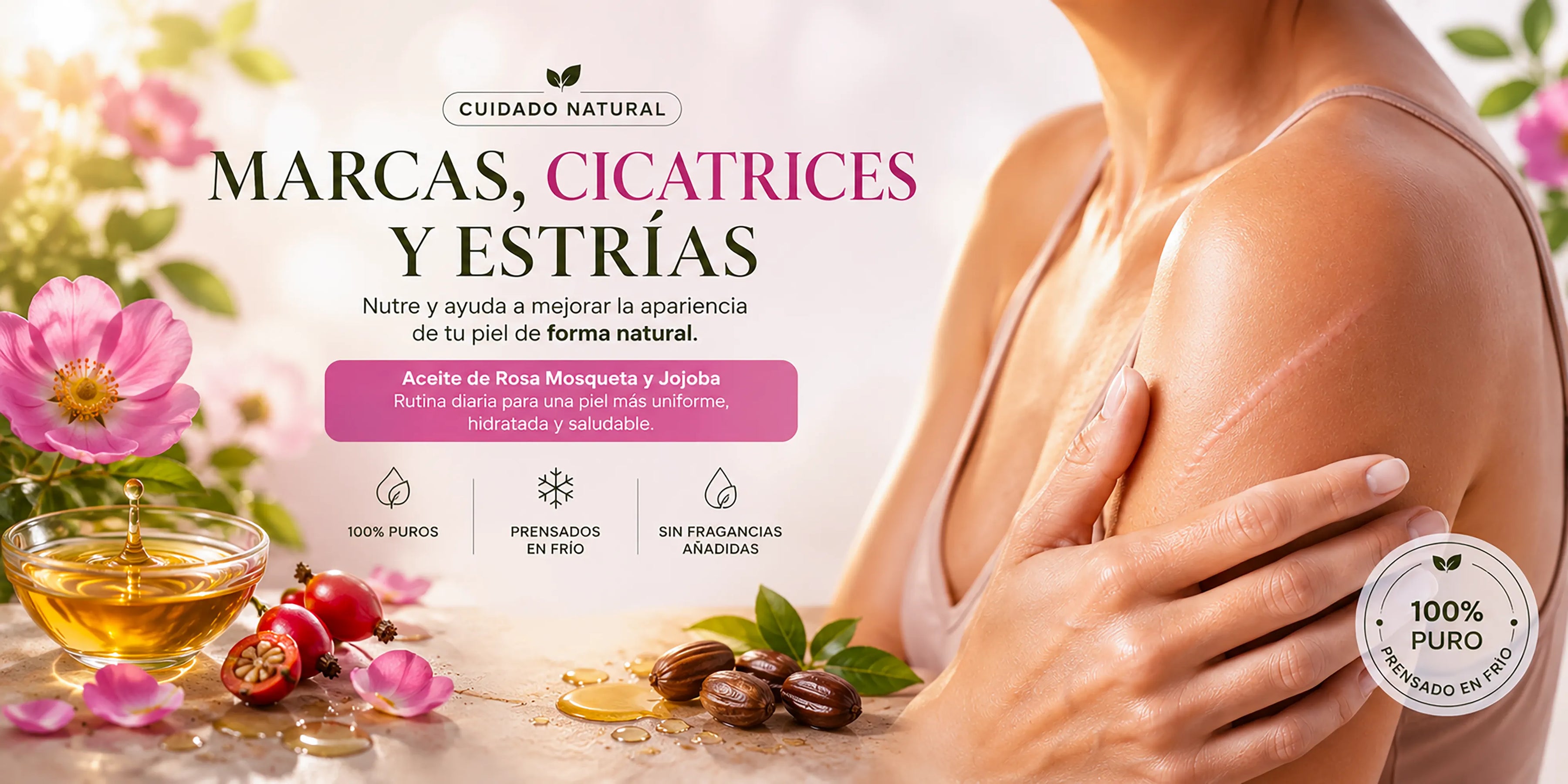Banner cuadrado de Amanitas "Marcas, Cicatrices y Estrías" con detalles de frutos de Rosa Mosqueta, semillas de Jojoba y modelo.
