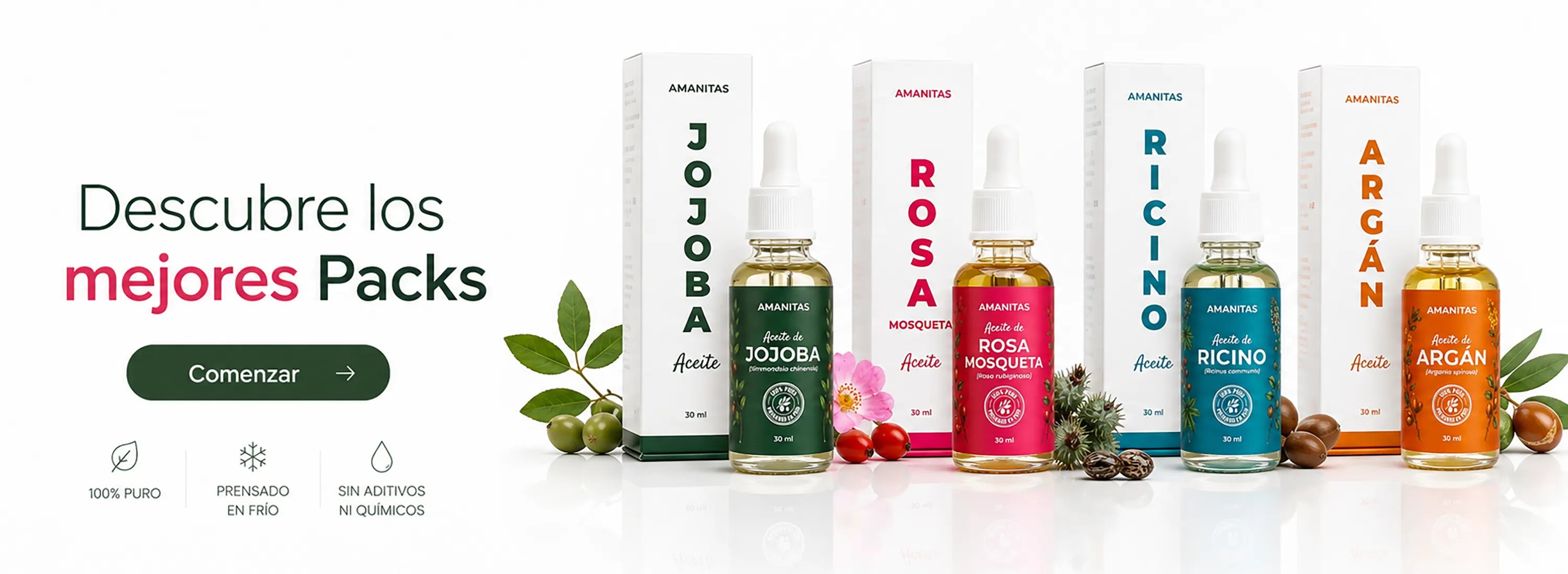 Presentación de packs de aceites vegetales 100% puros, prensados en frío y sin aditivos químicos. Colección completa Amanitas para el cuidado natural de la piel.