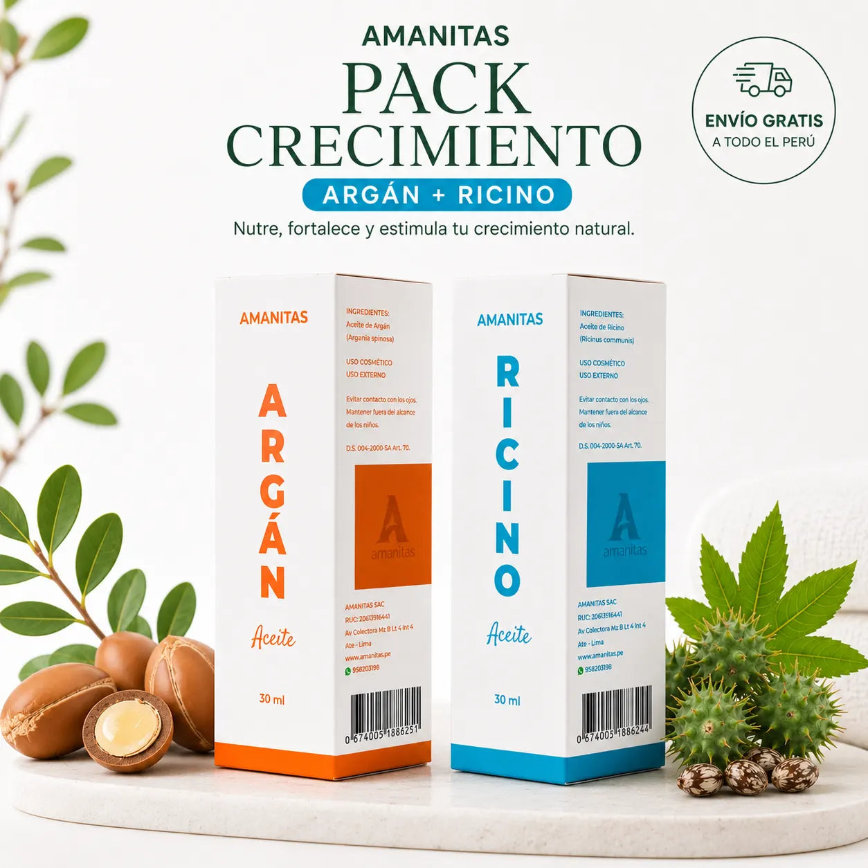 Cajas del Pack Crecimiento Amanitas de aceite de Argán y Ricino de 30 ml, con sello de envío gratis a todo el Perú e insumos naturales sobre base de mármol.