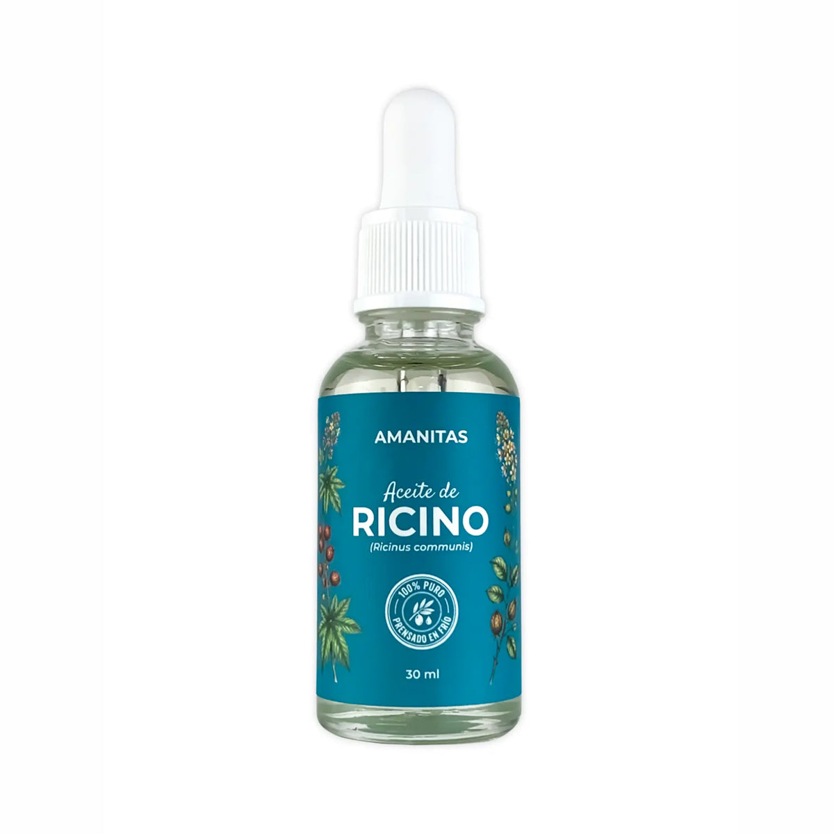 Frasco gotero de vidrio de 30 ml con Aceite de Ricino 100% puro y prensado en frío de Amanitas. Tratamiento natural fortalecedor para cabello, cejas y pestañas.