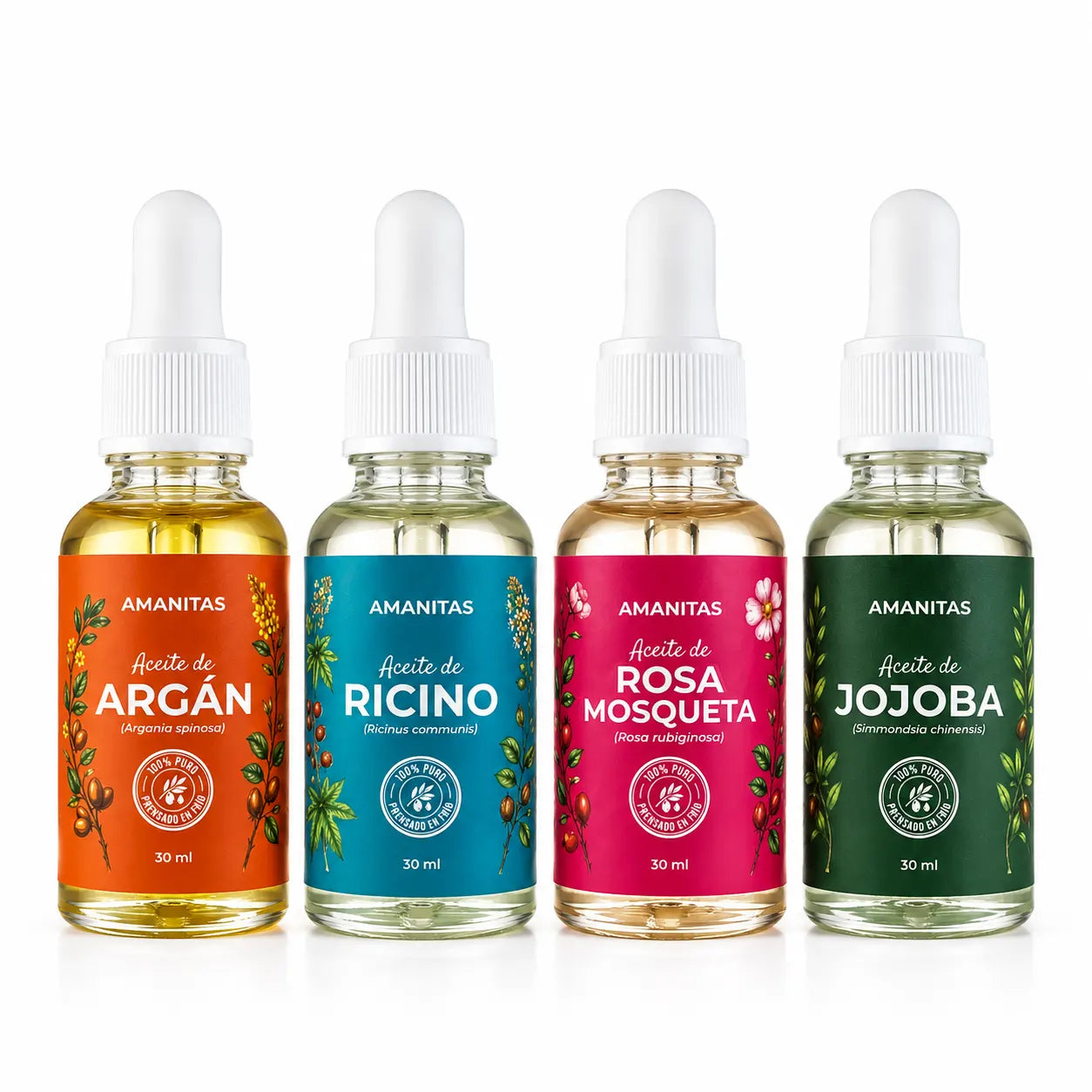 Fotografía de producto sobre fondo blanco de los 4 frascos de vidrio con gotero de 30 ml: Argán, Ricino, Rosa Mosqueta y Jojoba Amanitas.