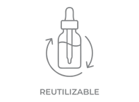 Ícono de frasco gotero rodeado por flechas circulares, con la palabra Reutilizable. Destaca los envases ecológicos y sostenibles de Amanitas.pe.