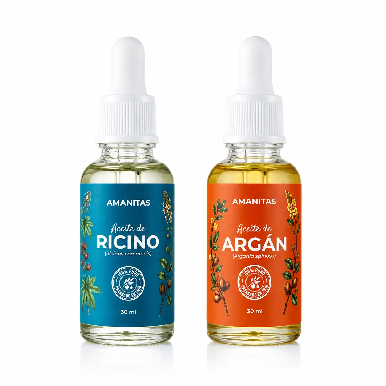 Fotografía de producto en fondo blanco con los frascos gotero de 30 ml de Aceite de Ricino y Aceite de Argán 100% puros prensados en frío Amanitas.